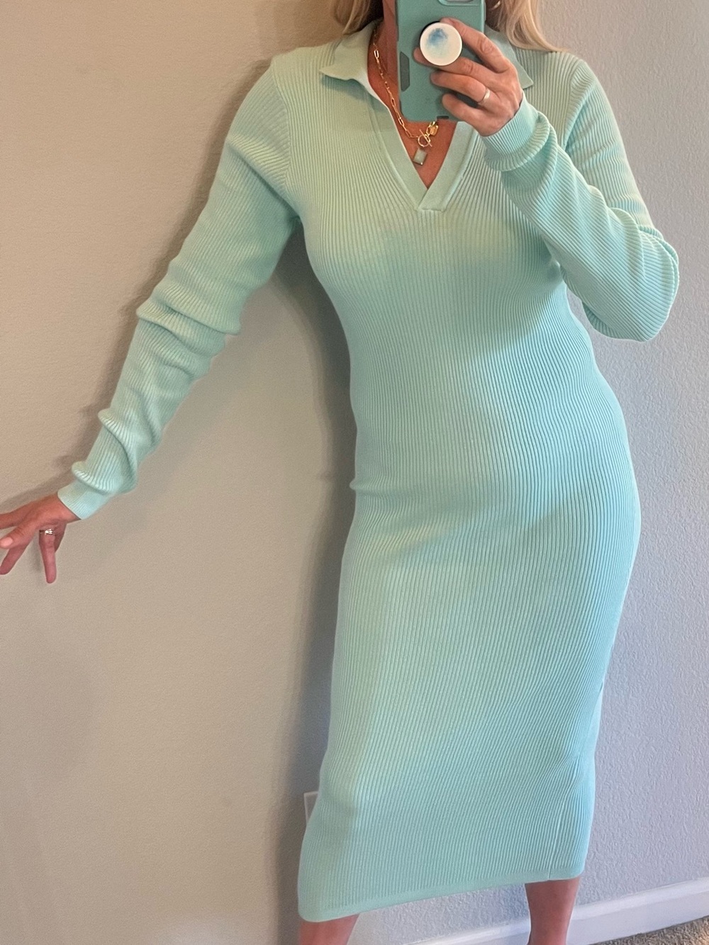 Boohoo Mint Green Ribbed V-Neck Midi Dress